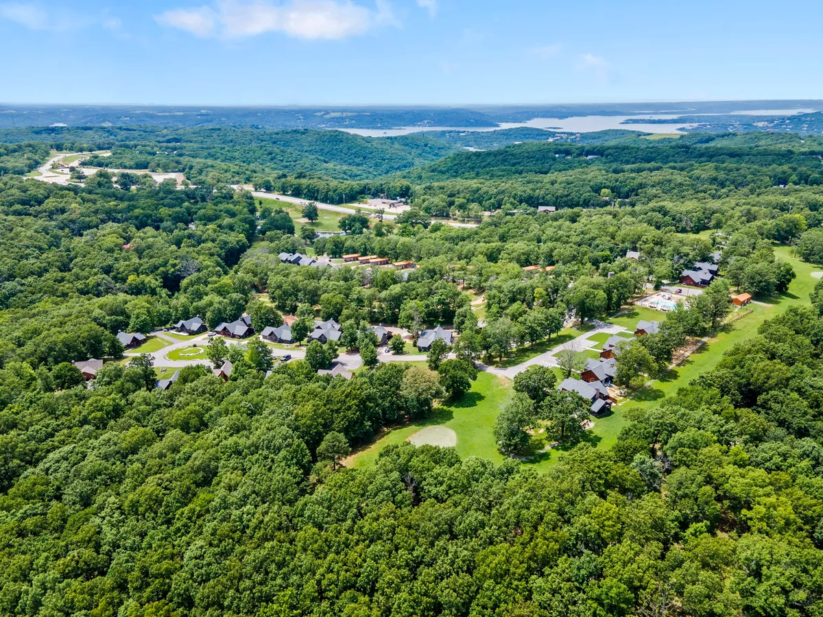 An expansive view of residential homes nestled in lush greenery, with open spaces and a lake visible in the distance. The wide perspective highlights the natural beauty of the broader Ozark area and the sense of community and adventure available nearby.